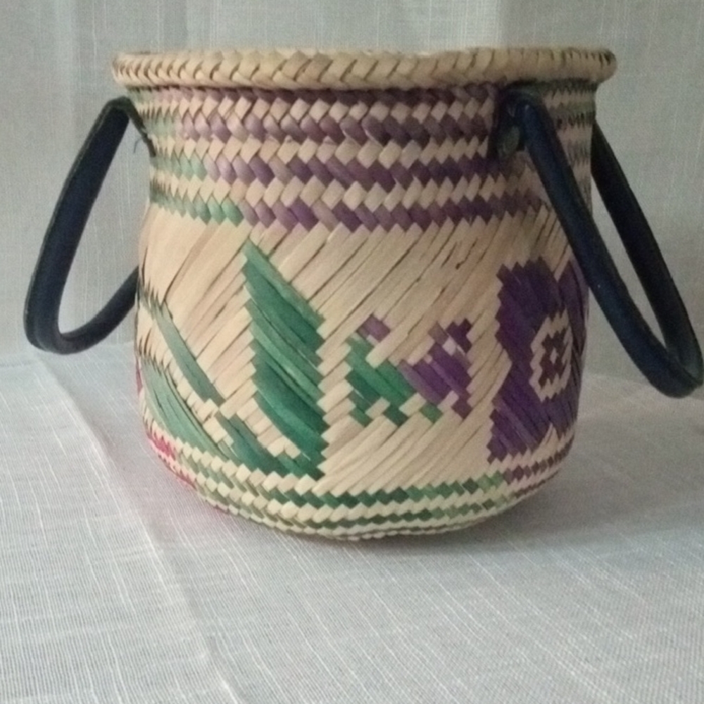 Mexicana Handmade Woven Basket with Handles - Purple, Green, and Natural